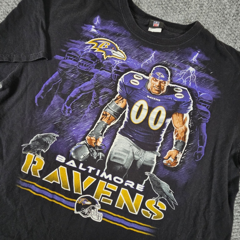 Vtg NFL Team Apparel Baltimore Ravens Graphic T-Shirt Mens 2XL Black Lightning